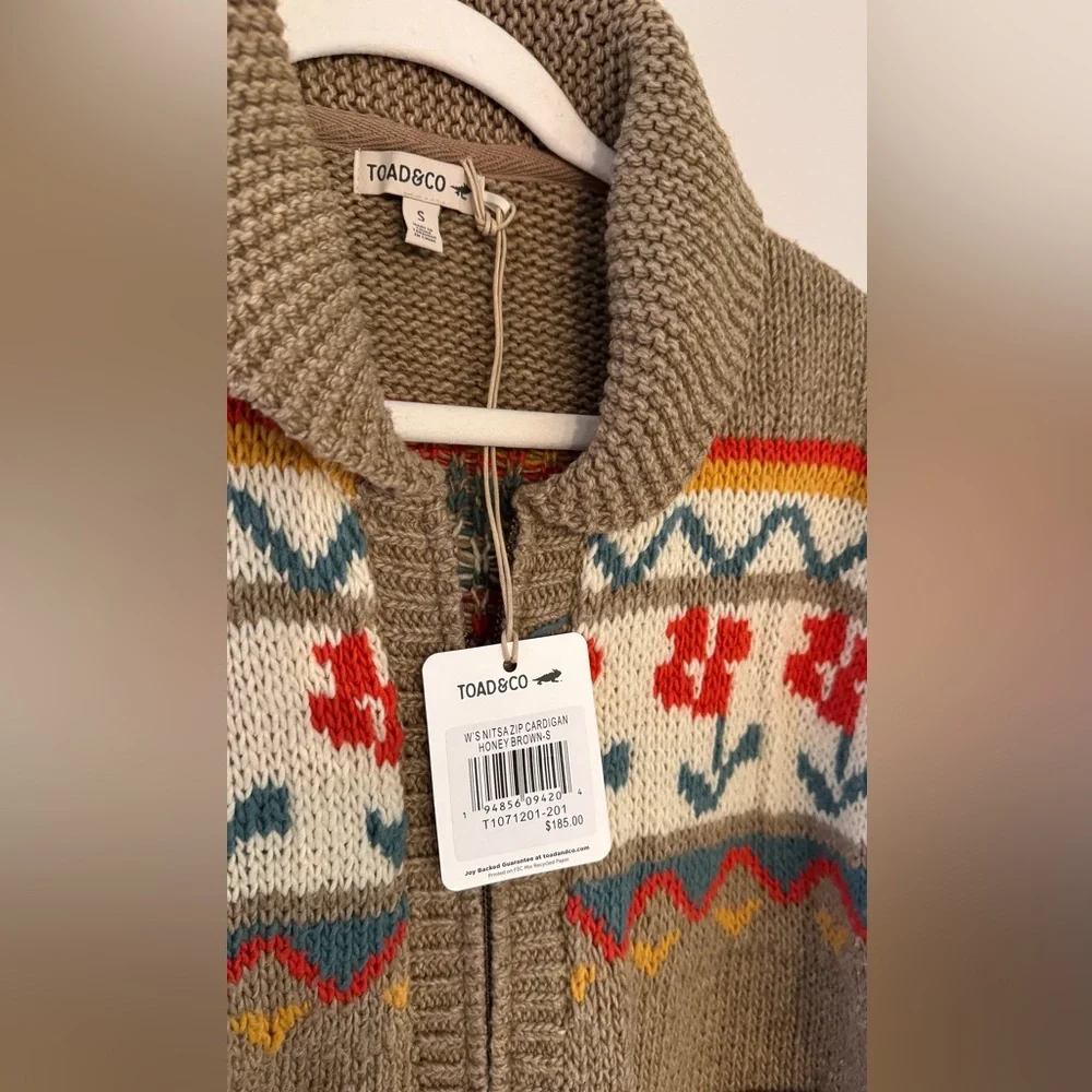 Toad&Co Brown Fair Isle Zip-Front Wool Sweater Jacket with Red & Teal Accents - Picture 4 of 6